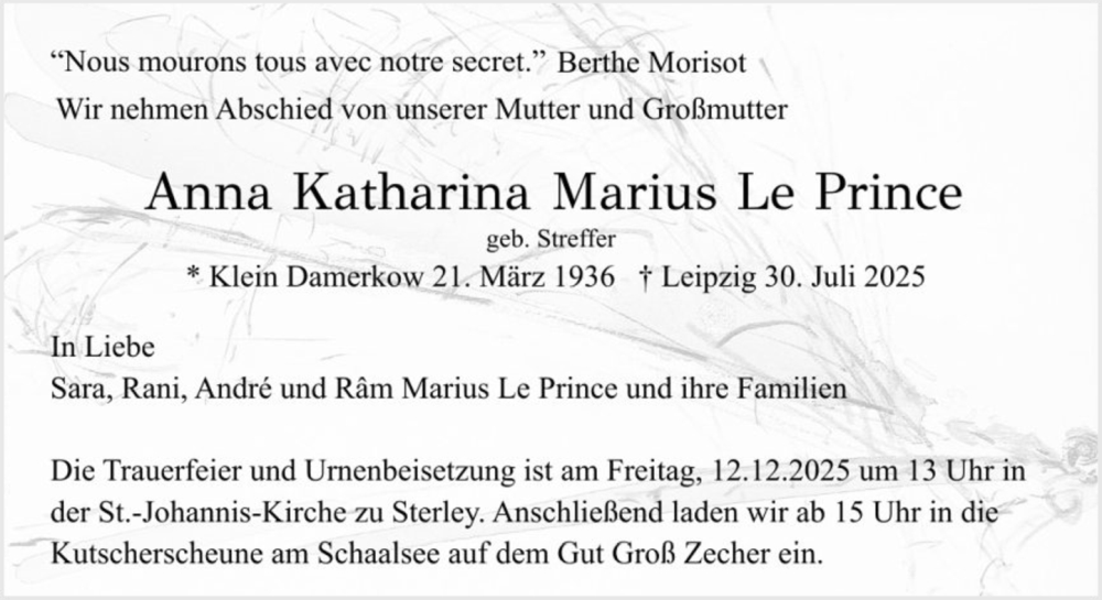  Traueranzeige für Anna Katharina Marius Le Prince vom 06.12.2025 aus MARKT Ratzeburg/Mölln
