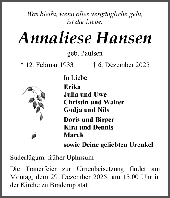 Traueranzeige von Annaliese Hansen von Husumer Nachrichten, Nordfriesland Tageblatt