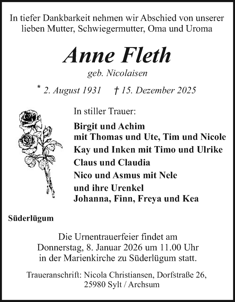  Traueranzeige für Anne Fleth vom 27.12.2025 aus Husumer Nachrichten, Nordfriesland Tageblatt