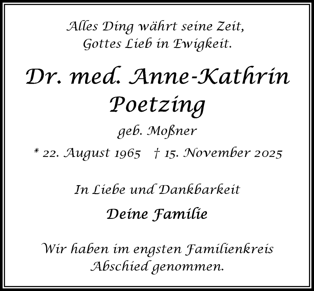  Traueranzeige für Anne-Kathrin Poetzing vom 06.12.2025 aus MARKT Bad Oldesloe/Reinfeld und Stormarner Tageblatt