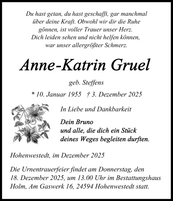 Traueranzeige von Anne-Katrin Gruel von Schleswig-Holsteinische Landeszeitung