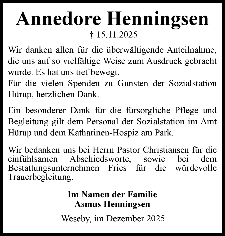  Traueranzeige für Annedore Henningsen vom 13.12.2025 aus Flensburger Tageblatt