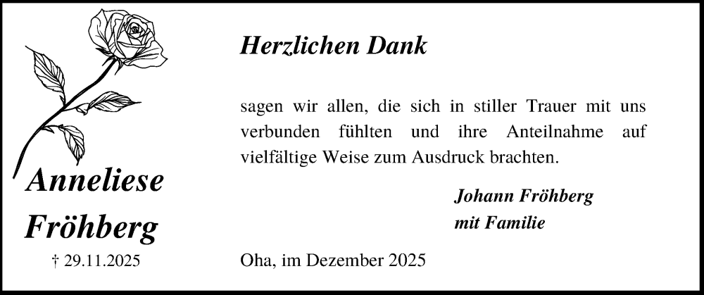  Traueranzeige für Anneliese Fröhberg vom 27.12.2025 aus Schleswig-Holsteinische Landeszeitung