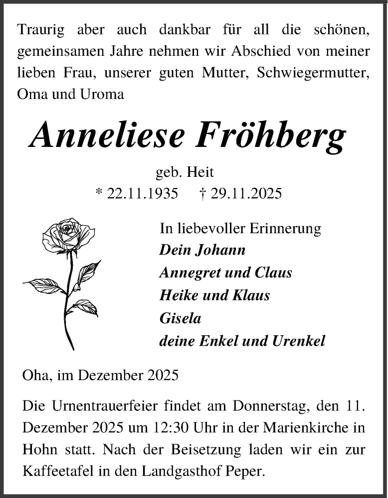  Traueranzeige für Anneliese Fröhberg vom 06.12.2025 aus Schleswig-Holsteinische Landeszeitung