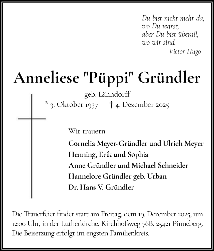  Traueranzeige für Anneliese Gründler vom 13.12.2025 aus Region Pinneberg und tip Pinneberg