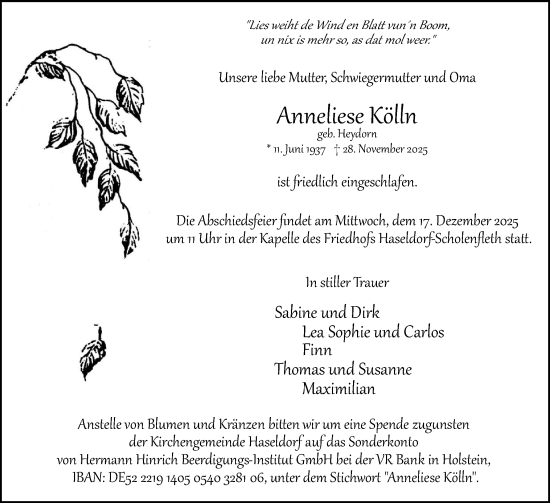 Traueranzeige von Anneliese Kölln von Uetersener Nachrichten, Der tip am Wochenende