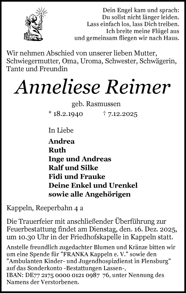  Traueranzeige für Anneliese Reimer vom 13.12.2025 aus Flensburger Tageblatt, Schleswiger Nachrichten, Schlei-Bote