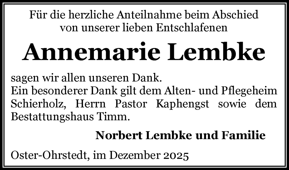 Traueranzeige für Annemarie Lembke vom 17.12.2025 aus Husumer Nachrichten, Nordfriesland Tageblatt