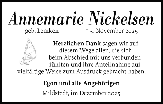 Traueranzeige von Annemarie Nickelsen von Husumer Nachrichten, Nordfriesland Tageblatt