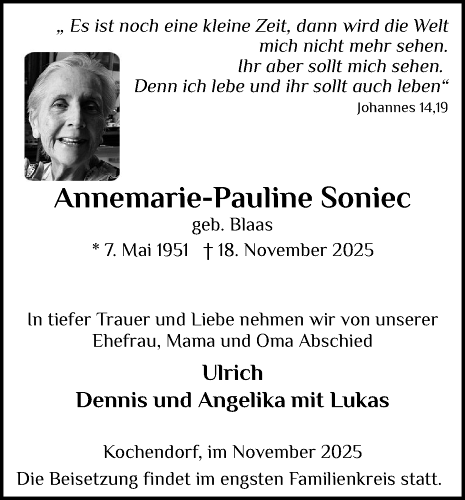  Traueranzeige für Annemarie-Pauline Soniec vom 13.12.2025 aus Eckernförder Zeitung, Hallo Eckernförde