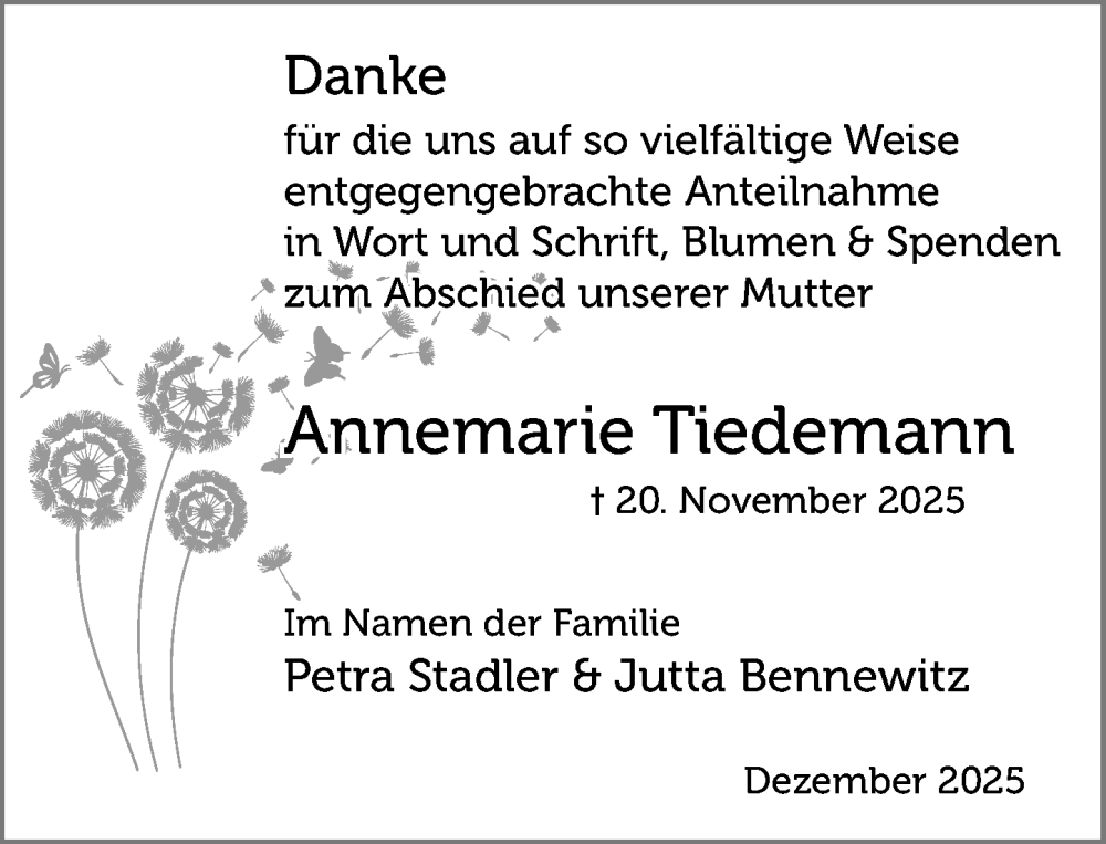  Traueranzeige für Annemarie Tiedemann vom 20.12.2025 aus MARKT Glinde/Reinfeld