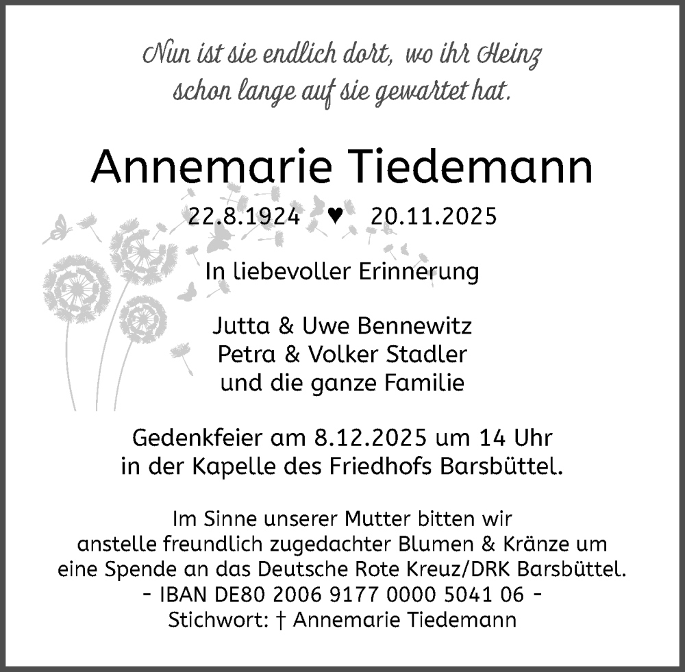  Traueranzeige für Annemarie Tiedemann vom 06.12.2025 aus MARKT Glinde/Reinfeld