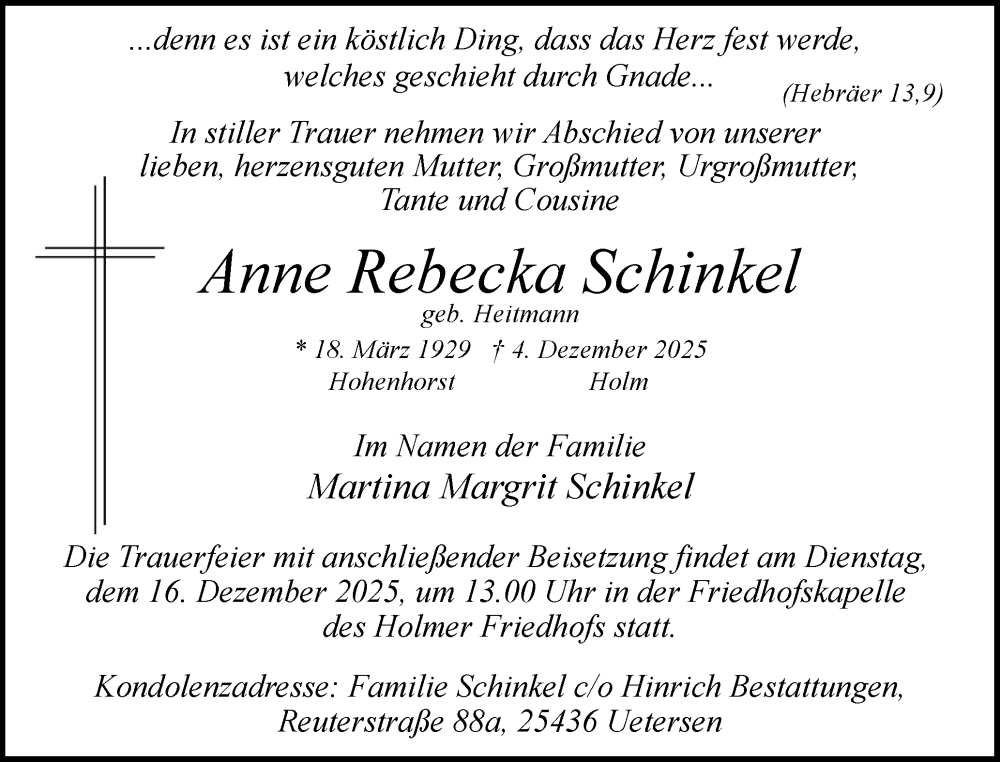  Traueranzeige für Anne Rebecka Schinkel vom 13.12.2025 aus Uetersener Nachrichten, Der tip am Wochenende