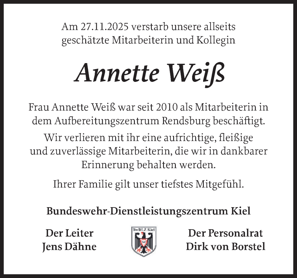  Traueranzeige für Annette Weiß vom 13.12.2025 aus Schleswig-Holsteinische Landeszeitung