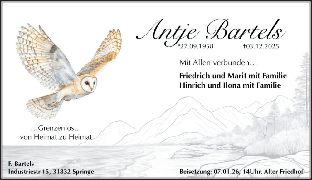  Traueranzeige für Antje Bartels vom 27.12.2025 aus Husumer Nachrichten, Nordfriesland Tageblatt