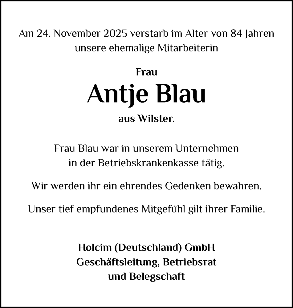  Traueranzeige für Antje Blau vom 11.12.2025 aus Norddeutsche Rundschau, Wilstersche Zeitung, Glückstädter Fortuna