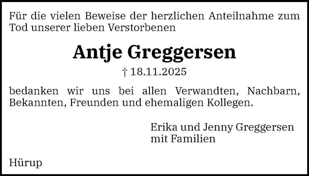  Traueranzeige für Antje Greggersen vom 20.12.2025 aus Schleswiger Nachrichten, Schlei-Bote
