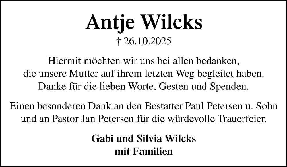  Traueranzeige für Antje Wilcks vom 06.12.2025 aus Die WochenSchau Gesamtausgabe