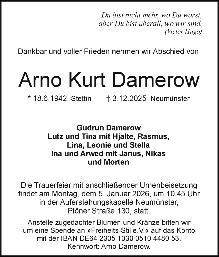  Traueranzeige für Arno Kurt Damerow vom 13.12.2025 aus Holsteinischer Courier