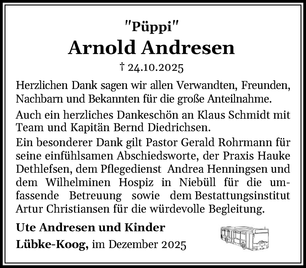  Traueranzeige für Arnold Andresen vom 13.12.2025 aus Husumer Nachrichten, Nordfriesland Tageblatt