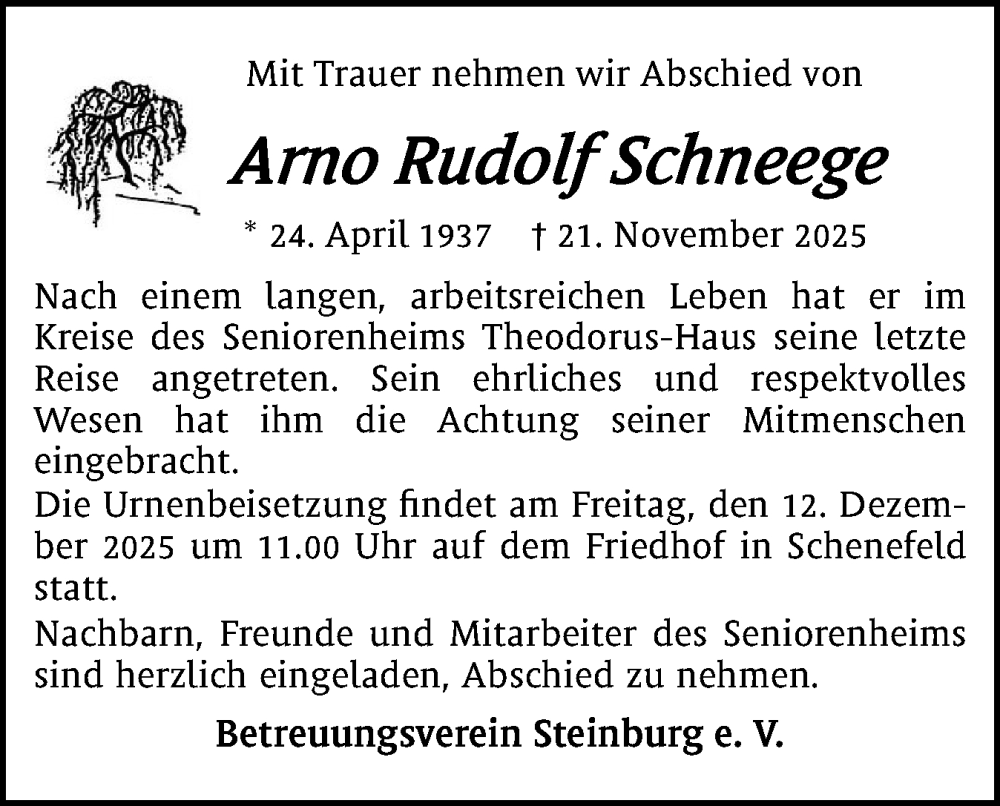  Traueranzeige für Arno Rudolf Schneege vom 06.12.2025 aus Norddeutsche Rundschau, Wilstersche Zeitung, Glückstädter Fortuna