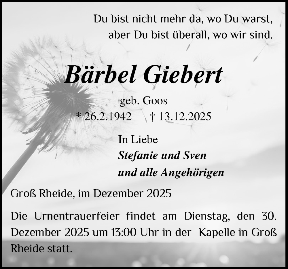  Traueranzeige für Bärbel Giebert vom 20.12.2025 aus Schleswig-Holsteinische Landeszeitung