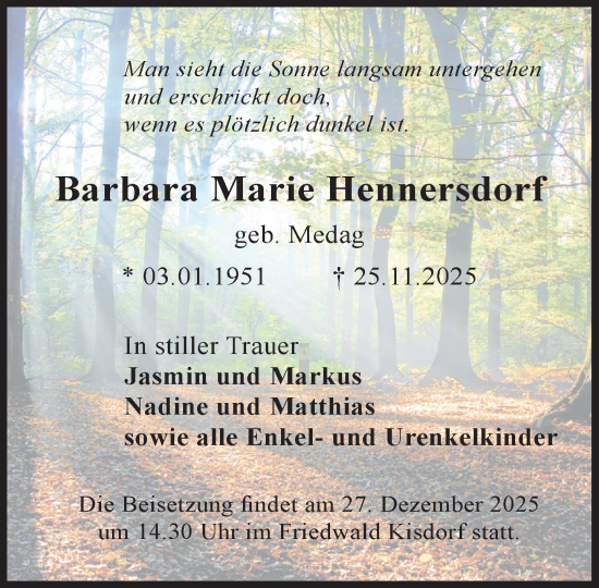 Traueranzeige von Barbara Marie Hennersdorf von Umschau