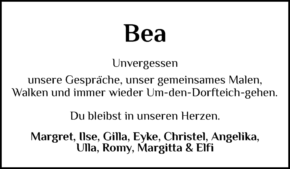  Traueranzeige für Bea  vom 20.12.2025 aus Sylter Rundschau