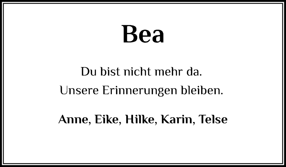  Traueranzeige für Bea  vom 20.12.2025 aus Sylter Rundschau