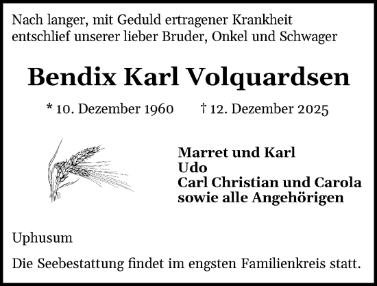 Traueranzeige von Bendix Karl Volquardsen von Husumer Nachrichten, Nordfriesland Tageblatt