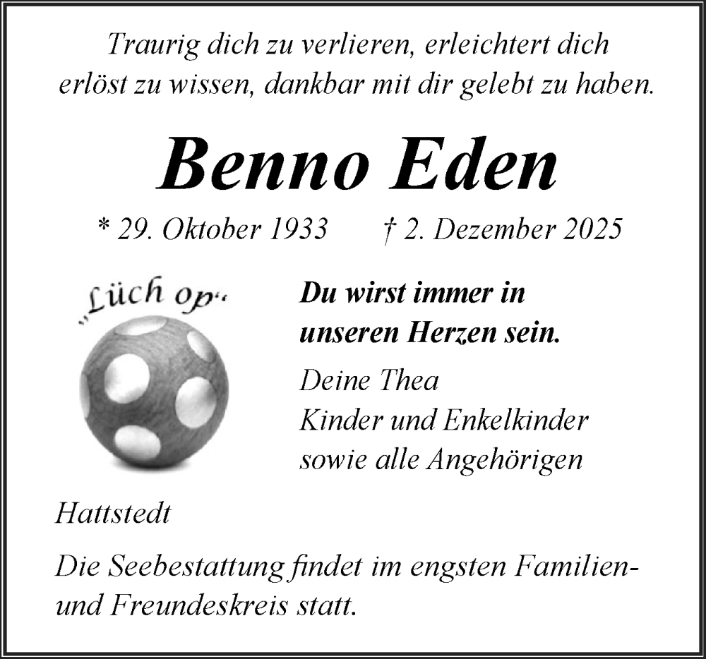  Traueranzeige für Benno Eden vom 10.12.2025 aus Husumer Nachrichten, Nordfriesland Tageblatt