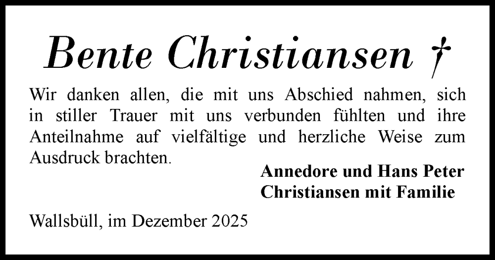  Traueranzeige für Bente Christiansen vom 13.12.2025 aus Flensburger Tageblatt