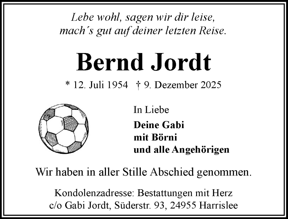  Traueranzeige für Bernd Jordt vom 20.12.2025 aus Flensburger Tageblatt