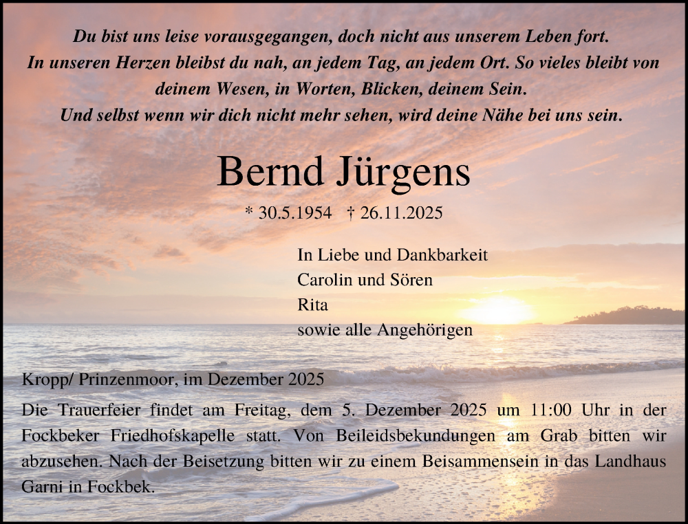  Traueranzeige für Bernd Jürgens vom 02.12.2025 aus Schleswig-Holsteinische Landeszeitung