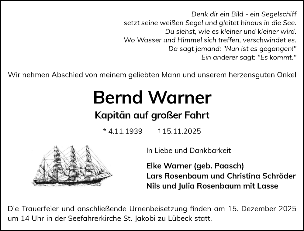  Traueranzeige für Bernd Warner vom 06.12.2025 aus Norddeutsche Rundschau, Wilstersche Zeitung, Glückstädter Fortuna