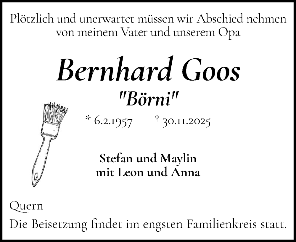  Traueranzeige für Bernhard Goos vom 06.12.2025 aus Flensburger Tageblatt