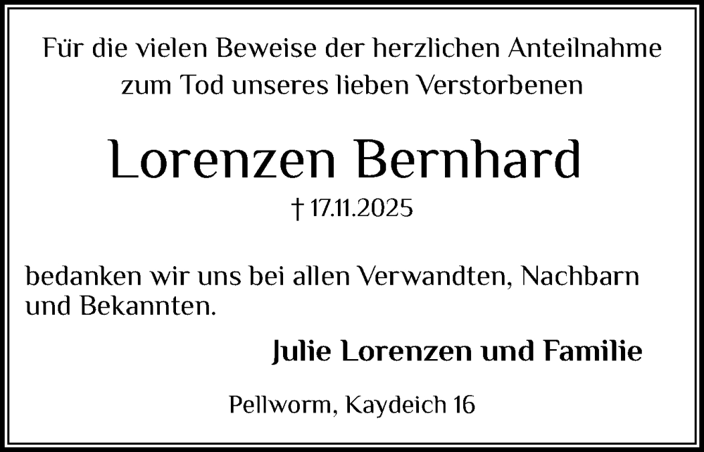  Traueranzeige für Bernhard Lorenzen vom 06.12.2025 aus Husumer Nachrichten, Nordfriesland Tageblatt