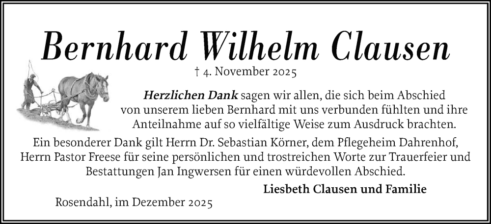  Traueranzeige für Bernhard Wilhelm Clausen vom 16.12.2025 aus Husumer Nachrichten, Nordfriesland Tageblatt