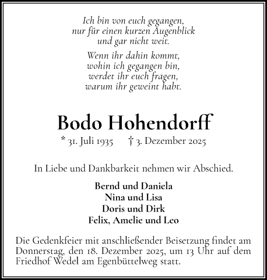 Traueranzeige von Bodo Hohendorff von Wedel-Schulauer Tageblatt, tip Wedel-Schulauer Tageblatt, tip Rissener Rundschau