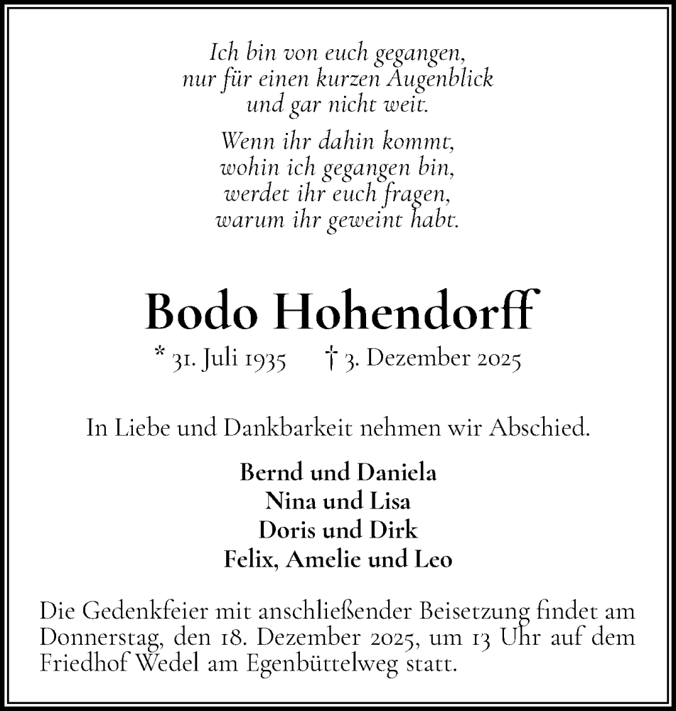  Traueranzeige für Bodo Hohendorff vom 13.12.2025 aus Wedel-Schulauer Tageblatt, tip Wedel-Schulauer Tageblatt, tip Rissener Rundschau
