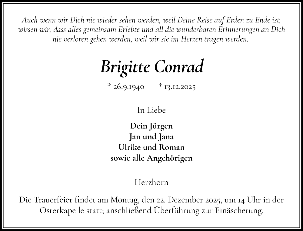  Traueranzeige für Brigitte Conrad vom 18.12.2025 aus Norddeutsche Rundschau, Wilstersche Zeitung, Glückstädter Fortuna