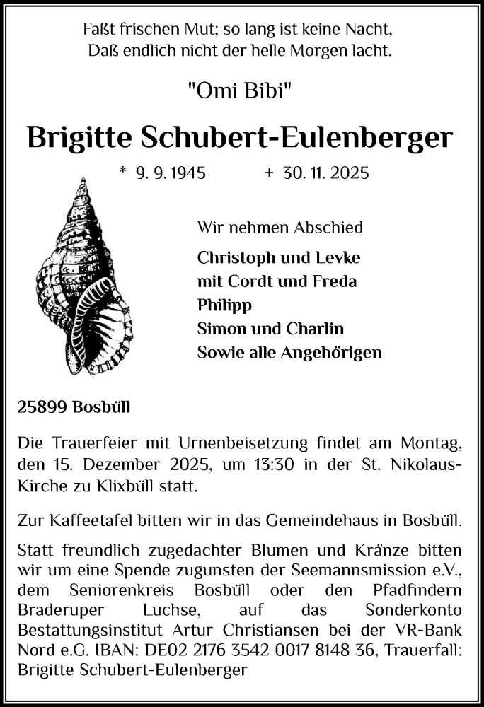  Traueranzeige für Brigitte Schubert-Eulenberger vom 10.12.2025 aus Husumer Nachrichten, Nordfriesland Tageblatt