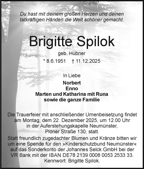Traueranzeige von Brigitte Spilok von Holsteinischer Courier
