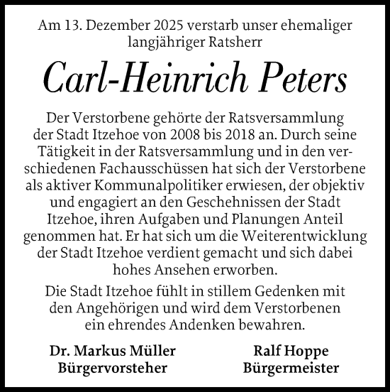 Traueranzeige von Carl-Heinrich Peters von Norddeutsche Rundschau, Wilstersche Zeitung, Glückstädter Fortuna