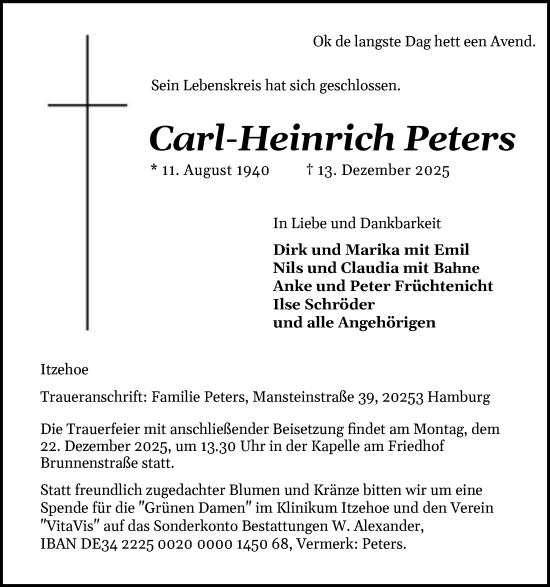 Traueranzeige von Carl-Heinrich Peters von Norddeutsche Rundschau, Wilstersche Zeitung, Glückstädter Fortuna