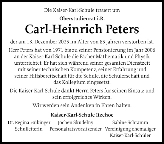 Traueranzeige von Carl-Heinrich Peters von Norddeutsche Rundschau, Wilstersche Zeitung, Glückstädter Fortuna