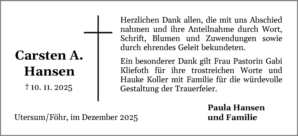  Traueranzeige für Carsten Hansen vom 06.12.2025 aus Der Insel-Bote