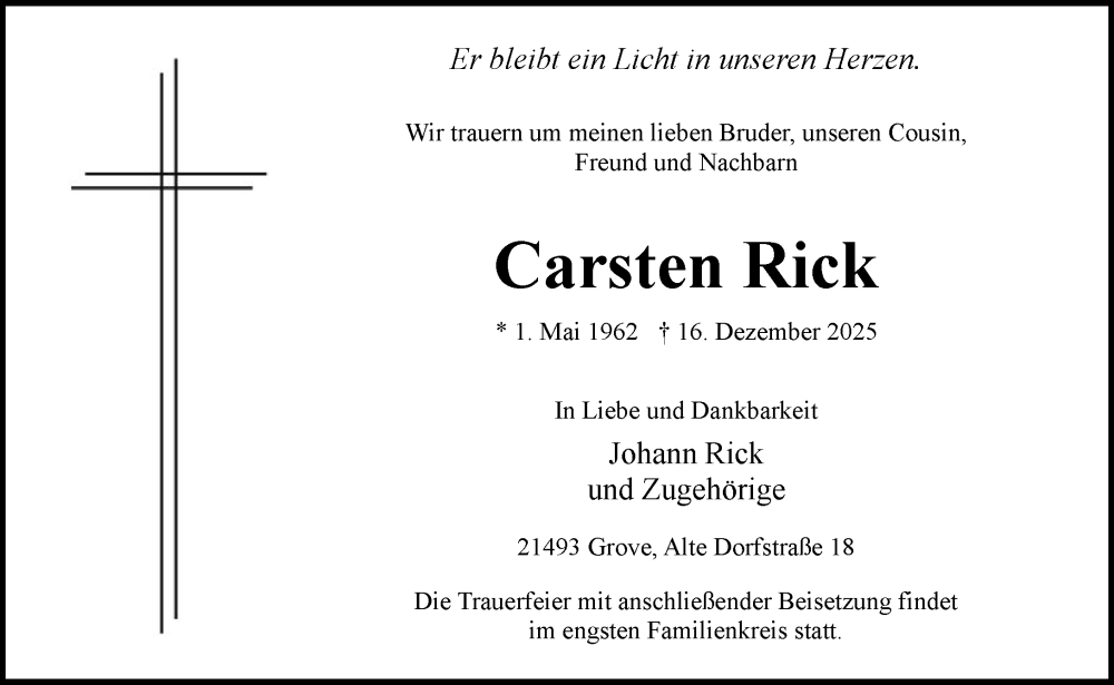  Traueranzeige für Carsten Rick vom 27.12.2025 aus Wochenend Anzeiger