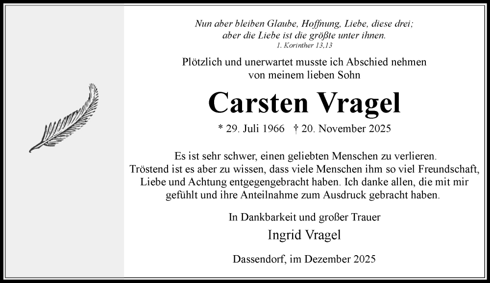  Traueranzeige für Carsten Vragel vom 13.12.2025 aus Wochenend Anzeiger