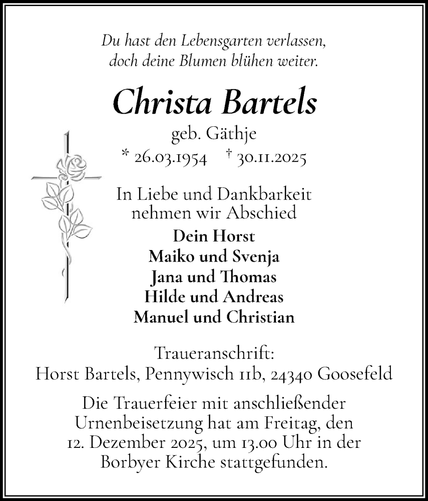  Traueranzeige für Christa Bartels vom 13.12.2025 aus Hallo Eckernförde